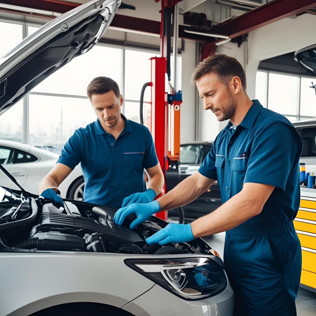 Car maintenance tips – A mechanic checking engine oil and inspecting a car’s engine for optimal performance.